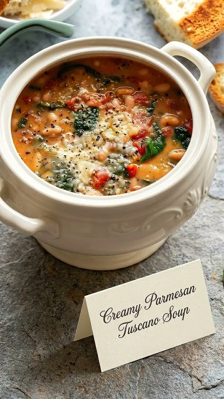 Bowl of creamy Parmesan Tuscano soup garnished with herbs