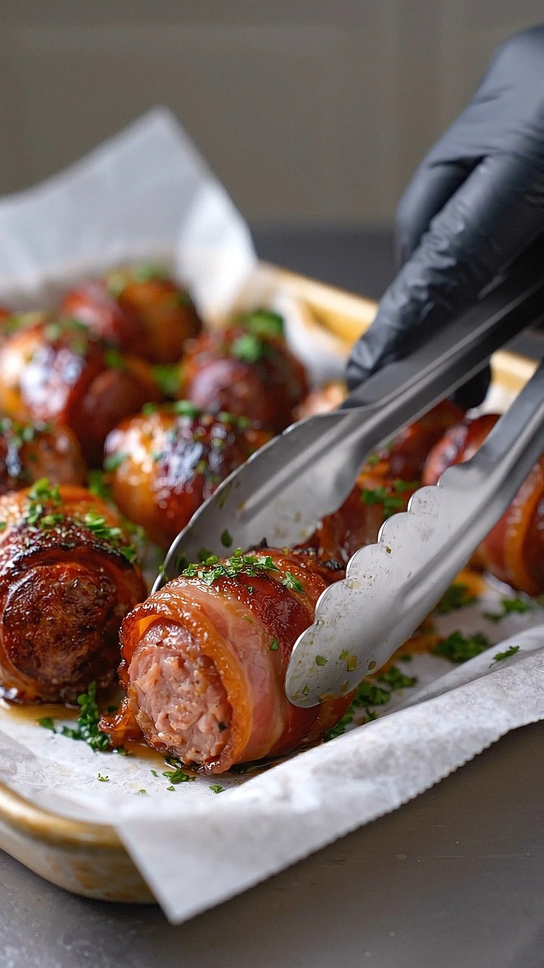 Crispy bacon wrapped kielbasa bites served as a delicious appetizer.