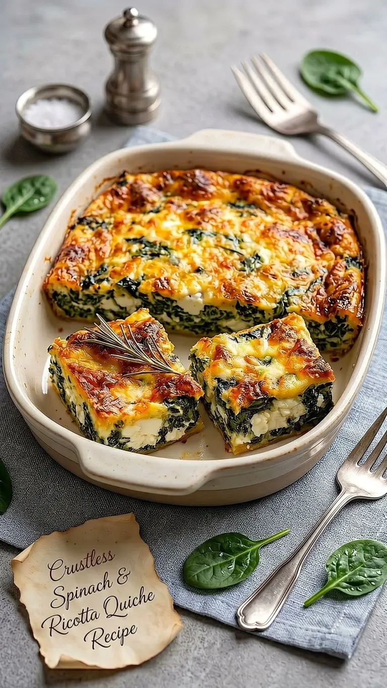 Crustless spinach ricotta quiche served on a plate with a green salad