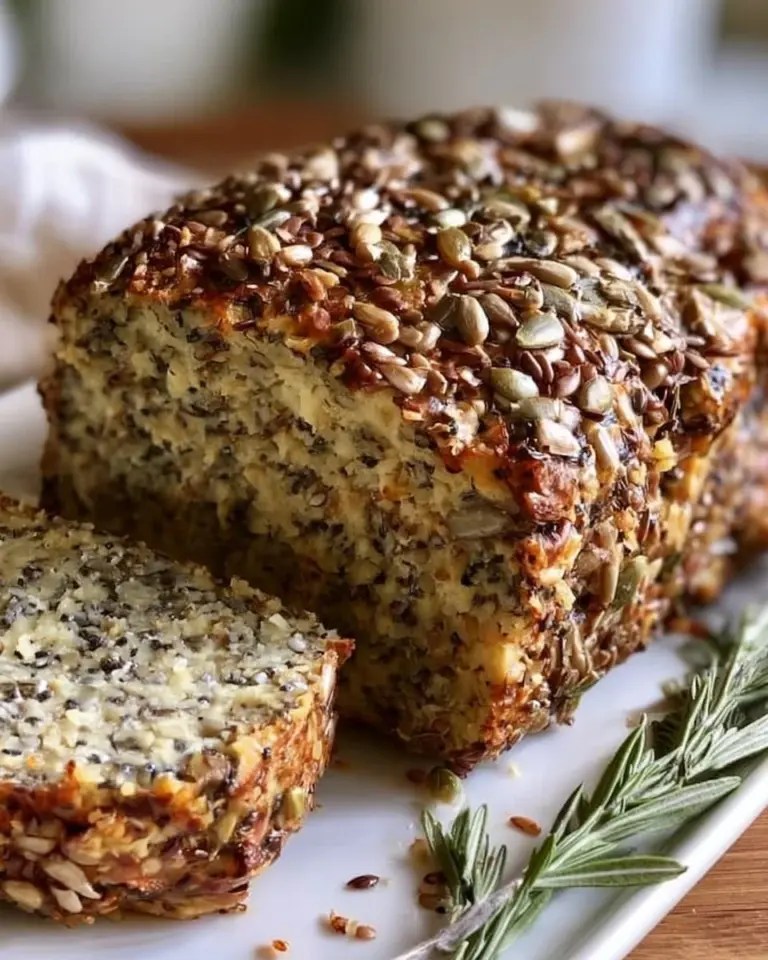 Flourless seed bread made with nutritious seeds on a rustic wooden table.