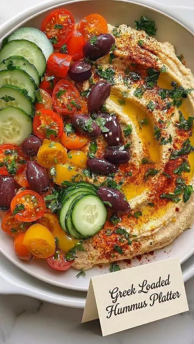 Delicious Greek Loaded Hummus Platter with colorful toppings and pita bread