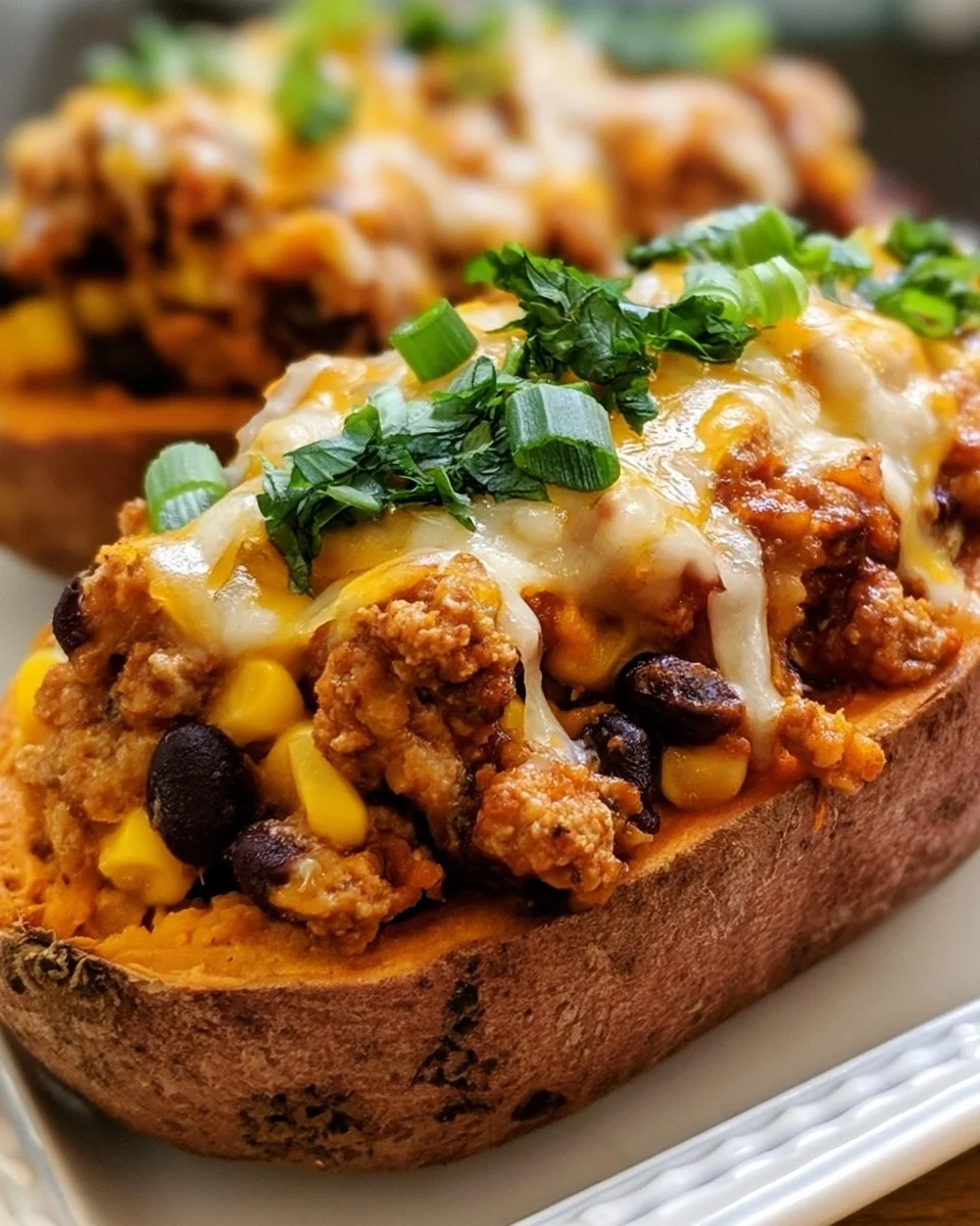 High-protein ground turkey stuffed sweet potato on a plate