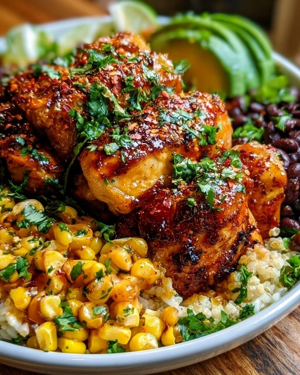 Hot Honey Baja Chicken Bowl with grilled chicken, veggies, and spicy honey sauce