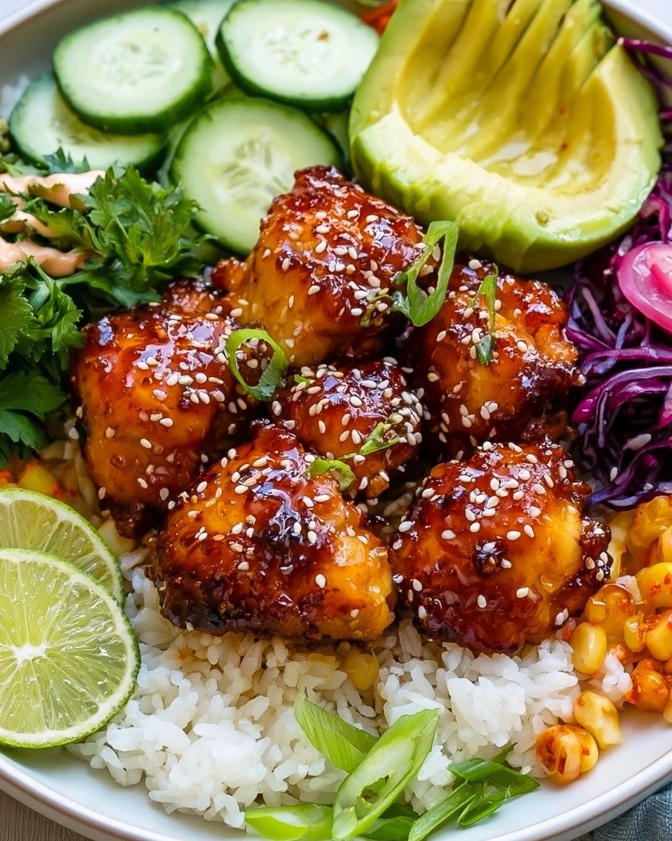 Delicious hot honey chicken bowl with rice and vegetables