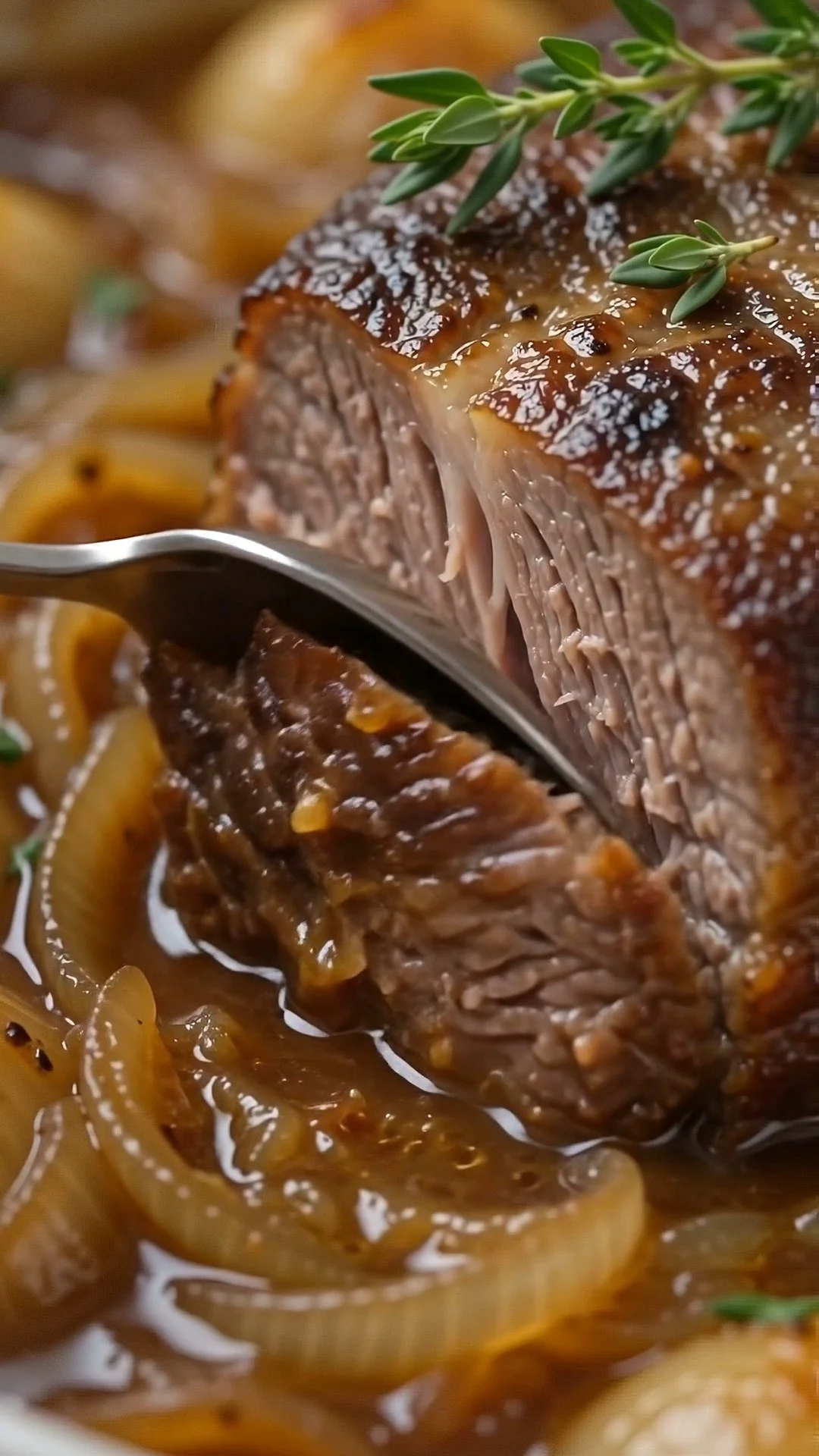 Delicious French Onion Pot Roast served with onions and herbs