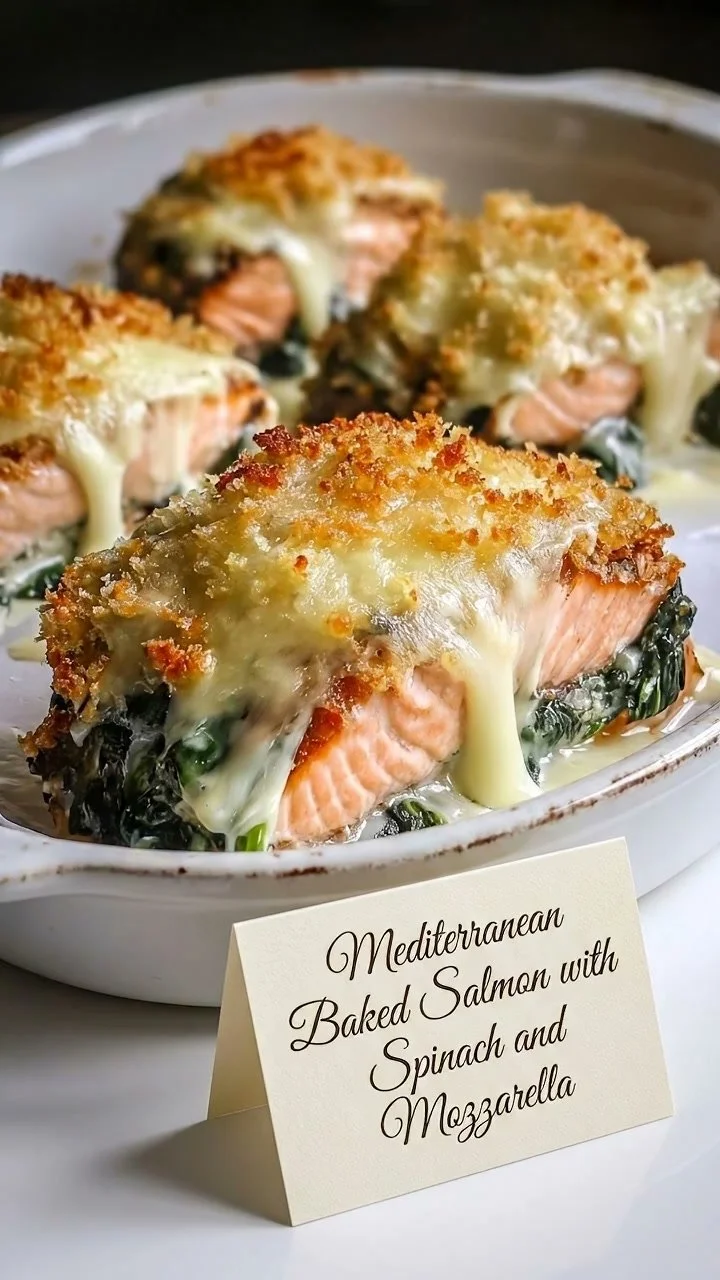 Mediterranean baked salmon with spinach and mozzarella on a plate