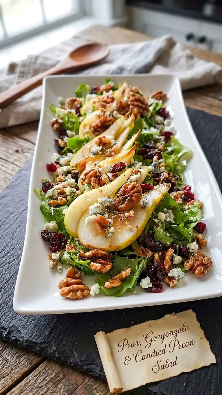 Delicious Pear Gorgonzola Salad with candied pecans on a plate