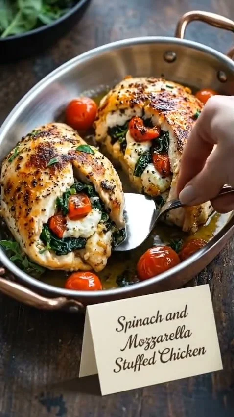 Roasted red pepper, spinach, and mozzarella stuffed chicken on a plate.