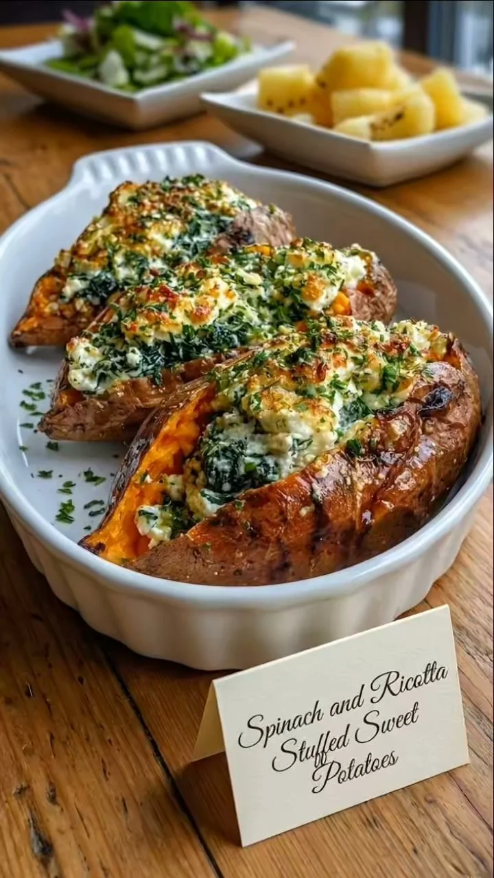 Spinach and ricotta stuffed sweet potatoes served on a plate