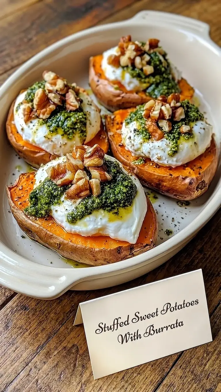 Stuffed sweet potatoes topped with burrata cheese and herbs