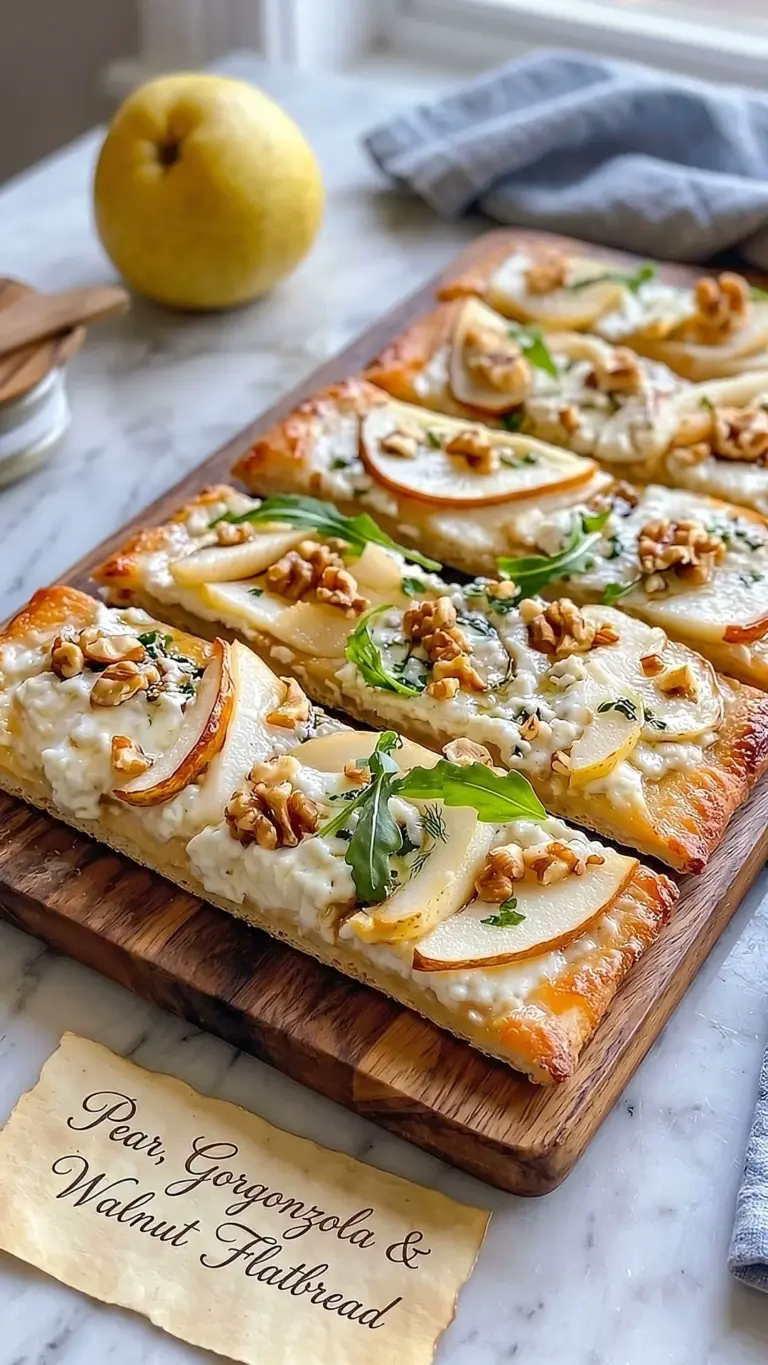 Delicious pear gorgonzola flatbread topped with fresh ingredients.