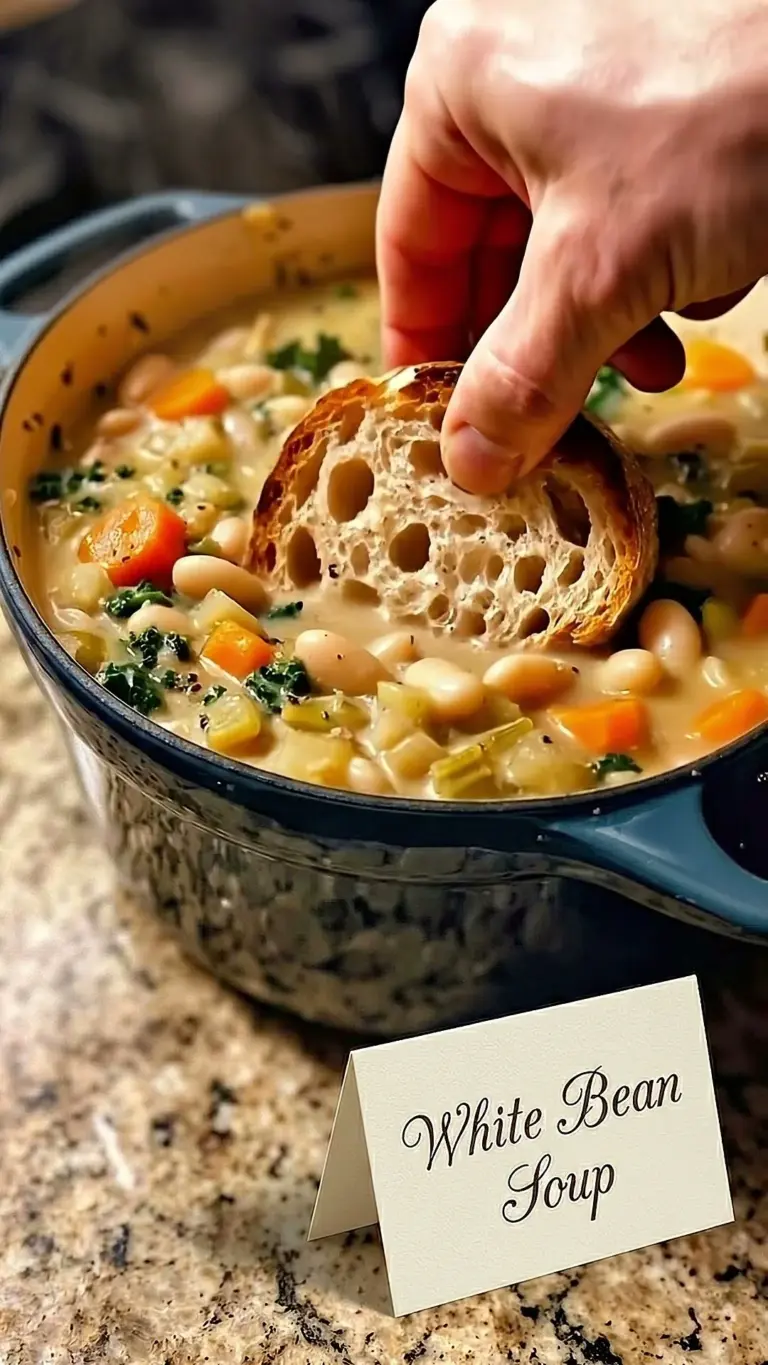 A bowl of delicious Tuscan White Bean Soup garnished with fresh herbs.